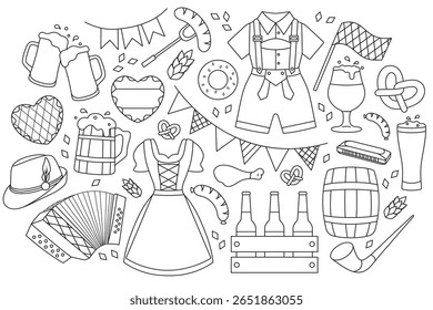 Oktoberfest, grande conjunto vetorial, canecas de cerveja, lanches, bandeira da Baviera, barril de madeira, instrumentos musicais, roupas nacionais, ícones pretos brancos simples