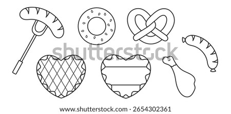 Oktoberfest, large vector set, traditional food, pastries and snacks, simple white and black icons