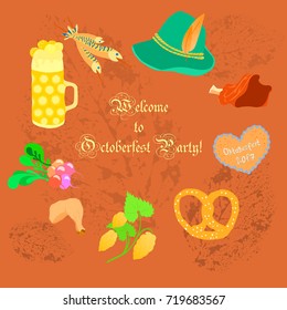 Oktoberfest Leaflet with Symbolic Festival Objects with Retro Styled Text and Autumn Leaves Print on the Orange Background