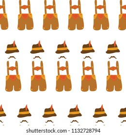 Oktoberfest Lederhosen, hat, and mustache seamless vector pattern. White background. Bavarian Oktoberfest costume.