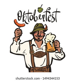 Oktoberfest lettering above сheerful Bavarian man with beer mug and sausage. October fest beer emblem. Hand drawn vintage vector illustration isolated on white background.