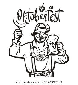 Oktoberfest lettering above сheerful Bavarian man with beer mug and sausage. October fest beer emblem. Hand drawn vintage vector illustration isolated on white background.