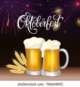 Oktoberfest lettering, beer party, fireworks background. Autumn holidays. Vector illustration EPS10.