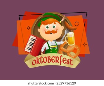 Letras del Oktoberfest con serpentina beige y hombre en traje verde con acordeón. Diseño de Anuncio festivo sobre fondo abstracto. Las letras se pueden utilizar para invitaciones, publicidad, anuncios