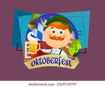 Letras del Oktoberfest con serpentina beige y hombre en traje verde. Diseño de Anuncio festivo con acordeón sobre fondo astracto. Las letras se pueden utilizar para invitaciones, publicidad, anuncios