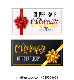 Oktoberfest lettering. Black holiday gift cards with golden and red ribbon and bow. Template for a business card, banner, poster, notebook, invitation. Vector illustration for your design