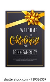 Oktoberfest lettering. Black holiday poster with golden ribbon and bow. Template for a business card, banner, poster, notebook, invitation. Vector illustration for your design