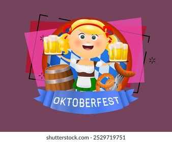 Letras de Oktoberfest con serpentina azul y chica con cerveza y comida. Diseño festivo del Anuncio con la muchacha en fondo abstracto. Las letras se pueden utilizar para invitaciones, publicidad, anuncios