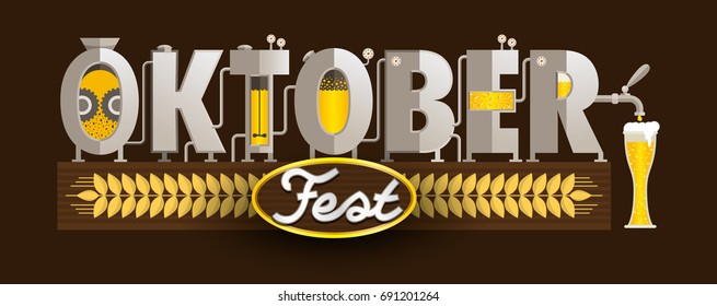 OKTOBERFEST lettering. The Brewing Process formed by letters on dark brown background. Vector image