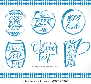 Oktoberfest lettering and clipart set. Handwritten modern calligraphy, brush painted letters. Vector illustration. Template for banner, poster, invitation, merchandising, gift card or photo overlay.