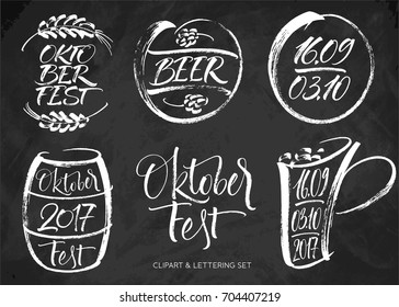 Oktoberfest lettering and clipart set. Handwritten modern calligraphy, brush painted letters. Vector illustration. Template for banner, poster, invitation, merchandising, gift card or photo overlay.