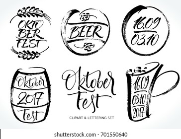 Oktoberfest lettering and clipart set. Modern calligraphy, brush painted letters. Vector illustration. Template for banner, poster, merchandising or photo overlay.