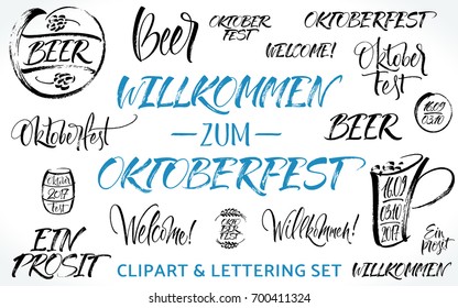 Oktoberfest lettering and clipart set. Willkommen zum Oktoberfest (German) / Welcome to Oktoberfest (English). Handwritten modern calligraphy, brush painted letters. Vector illustration. 