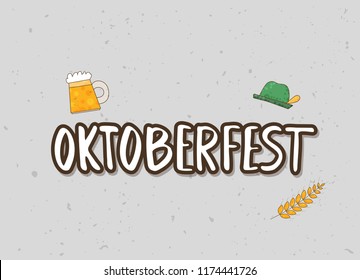 Oktoberfest lettering composition. Handwritten text with sticker beer mug decoration. Vector illustration.