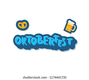 Oktoberfest lettering composition. Handwritten text with sticker beer mug decoration. Vector illustration.