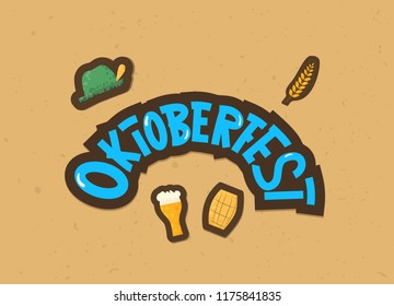 Oktoberfest lettering composition. Handwritten text with sticker beer mug, cask, hat decoration. Vector illustration.