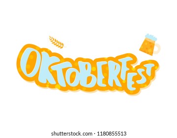 Oktoberfest lettering composition isolated. Handwritten text with sticker beer mug decoration. Vector illustration.