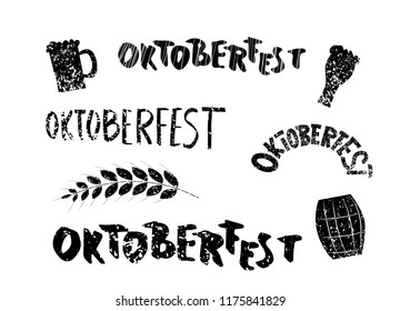 Oktoberfest lettering composition set . Handwritten textured text with  decoration. Vector illustration.