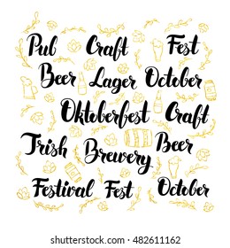 Oktoberfest Lettering Design Set. Vector Illustration of Craft Beer Calligraphy over White with Gold Doodles.