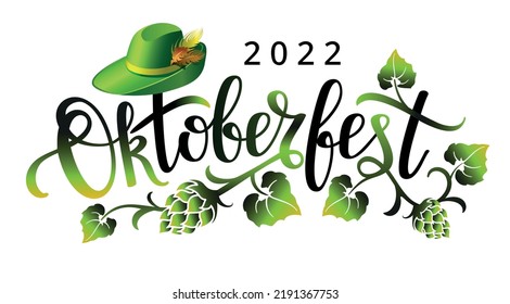 Oktoberfest lettering with germany green hat, hop leaves and hop cones. Beer festival decoration banner. Vector illustration.