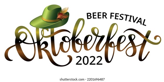 Oktoberfest lettering with germany green hat. Oktoberfest beer festival decoration banner. Vector illustration.