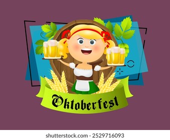 Letras de Oktoberfest y chica con cerveza. Diseño de Anuncio festivo con niña, barril de cerveza, vasos de cerveza, picos y hojas sobre fondo azul. Se puede utilizar para invitaciones, publicidad, anuncios