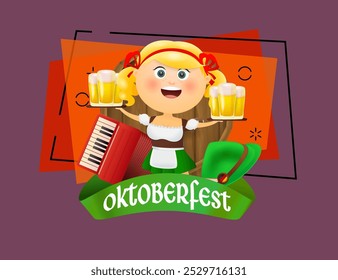 Letras de Oktoberfest con serpentina verde y niña con cerveza y comida. Diseño de Anuncio festivo con acordeón sobre fondo naranja. Las letras se pueden utilizar para invitaciones, publicidad, anuncios