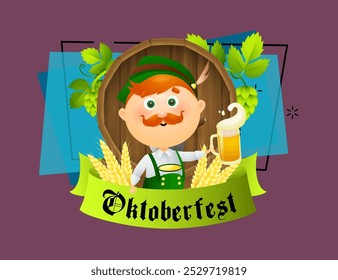 Letras del Oktoberfest con serpentina verde y hombre en traje verde. Diseño de Anuncio festivo con barril, taza de cerveza sobre fondo azul. Las letras se pueden utilizar para invitaciones, publicidad, anuncios