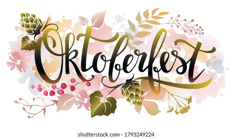 Oktoberfest lettering with hop element on autumn background with leaves. Beer festival decoration icon. Vector illustration.