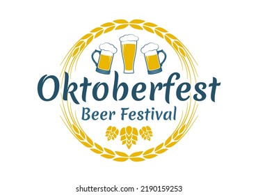 Oktoberfest lettering label. Beer festival round badge, icon or logo with mug, glass, wheat wreath and hop. German, Bavarian October fest vintage design element. Vector illustration.