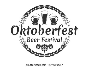 Oktoberfest lettering label. Beer festival round badge, icon or logo with mug, glass, wheat wreath and hop. German, Bavarian October fest vintage design element. Vector illustration.