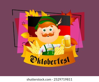 Oktoberfest lettering and man in green costume. Festive banner design with man, German flag, beer mug, leaves on abstract background. Lettering can be used for invitations, advertising, announcements