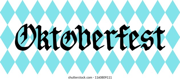 Oktoberfest lettering on blue geometric texture background. Vector beer festival poster, label, badge with handwritten Gothic font. 