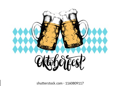 Oktoberfest, lettering on on rombic pattern background. Vector beer festival poster, flyer. Brewery label or badge with vintage hand sketched glass mugs. 