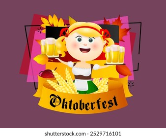 Letras de Oktoberfest con serpentina naranja y chica con cerveza y comida. Diseño festivo del Anuncio con la muchacha, comida en fondo abstracto. Las letras se pueden utilizar para invitaciones, publicidad, anuncios