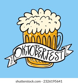 Leyenda con letras Oktoberfest y señal de arte vectorial con vidrio de cerveza. Aislado sobre fondo azul.