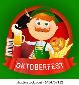 Oktoberfest lettering with red streamer and man in green costume. Festive banner design with accordion on blue background. Lettering can be used for invitations, advertising, announcements