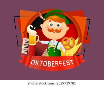 Oktoberfest cartaz com flâmula vermelha e homem em traje verde. Design de banner festivo com acordeão no fundo abstrato. As letras podem ser usadas para convites, publicidade, anúncios