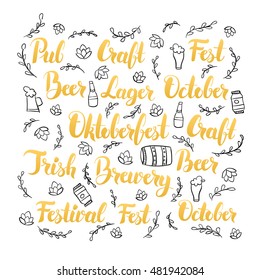 Oktoberfest Lettering Set. Vector Illustration of Brewery Calligraphy with Hand Drawn Beer Pub Sketches.