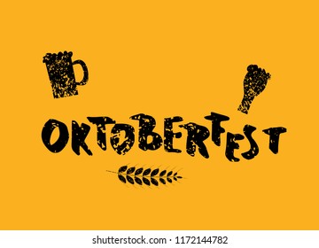 Oktoberfest lettering textured composition. Handwritten text with sticker beer mugs decoration. Vector illustration.