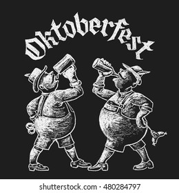 Oktoberfest lettering with two men drinking beer