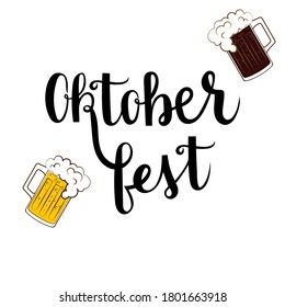 Oktoberfest lettering vector with beer mugs 