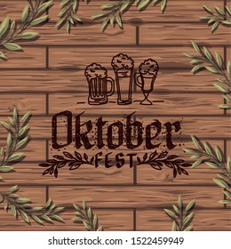 oktoberfest lettering with wreath leafs in wooden background vector illustration design