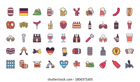 oktoberfest line and fill style 50 icon set design, Germany festival and celebration theme Vector illustration