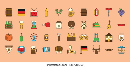 oktoberfest line and fill style icons collection design, Germany festival and celebration theme Vector illustration