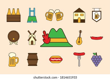 oktoberfest line and fill style set icons design, Germany festival and celebration theme Vector illustration