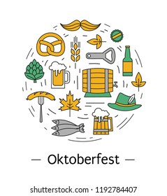 Oktoberfest line flat icons of barrel, leaf, hat, mug and others. German traditional beer festival symbols isolated on white. - Vector