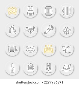 Oktoberfest line icon set, bavarian holiday symbols collection, vector sketches, neumorphic UI UX buttons, beer signs linear pictograms package isolated on white background, eps 10.