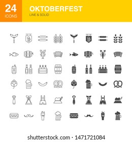 Oktoberfest Line Web Glyph Icons. Vector Illustration of Beer Outline and Solid Symbols. 