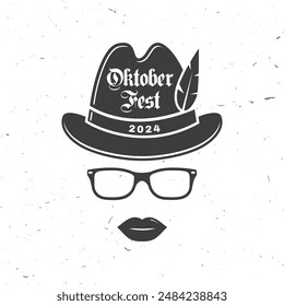 Logotipo de Oktoberfest o diseño de insignia. Vector. Sombrero tradicional alemán con gafas y labios.